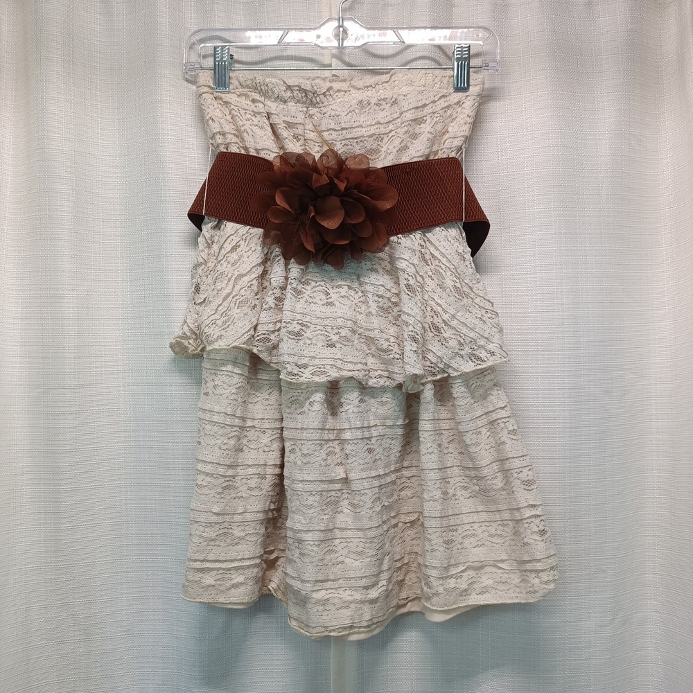 Rue21 Womens S Strapless Lace Tiered Mini Dress Cream Brown Floral Belt Vtg Y2K